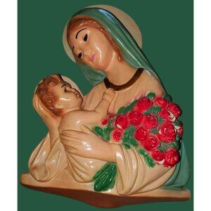 LARGE 1940s Mary and Baby Jesus 14x9.5x3 Chalkware Beautiful Hook On Back SfPf H